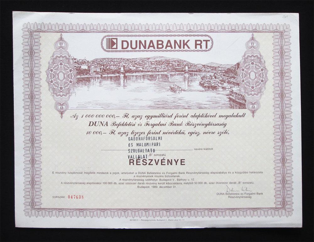 Dunabank Rt. "B" r�szv�ny 10000 forint 1989